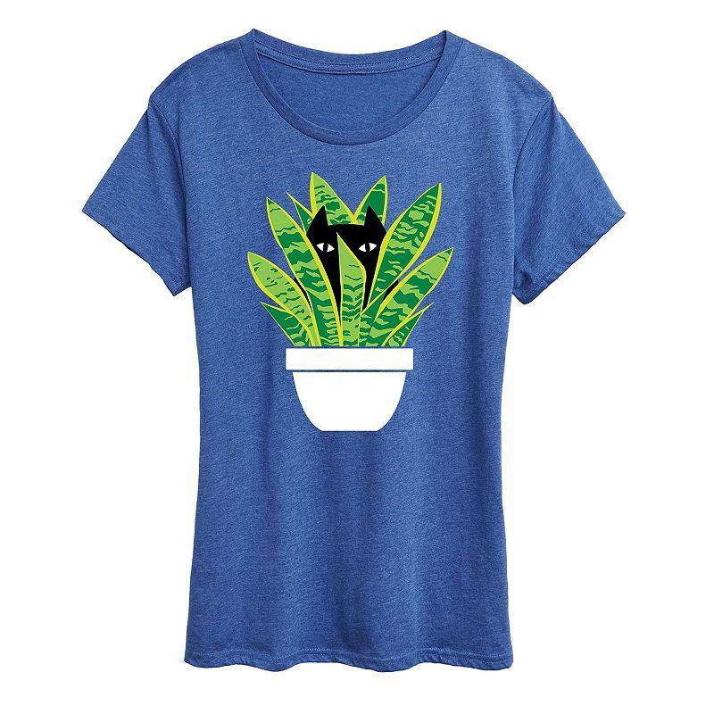 Womens Cat In Potted Plant Graphic Tee Grey Gray Product Image