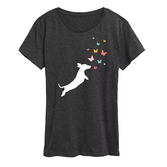 Womens Dachshund Chasing Butterflies Graphic Tee Heather Grey Product Image