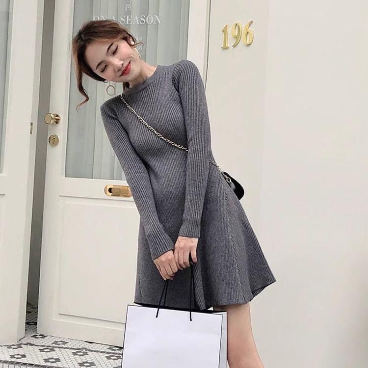 Long Sleeve Crew Neck Plain Ribbed Knit Mini A-Line Dress Product Image