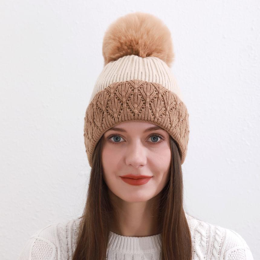 Two Tone Pom Pom Knit Beanie Product Image