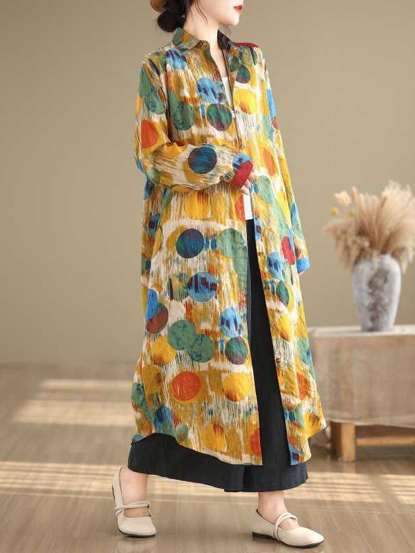 Long Sleeves Loose Polka-Dot Split-Joint Lapel Shirt Dress Product Image