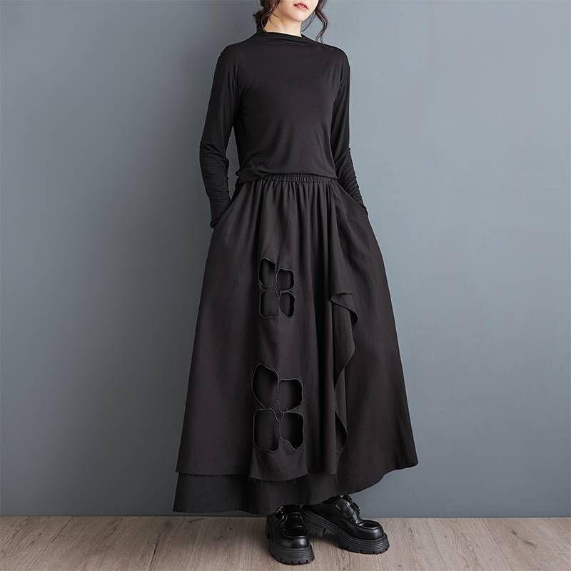 High Rise Flower Embroidered Asymmetrical Maxi A-Line Skirt Product Image