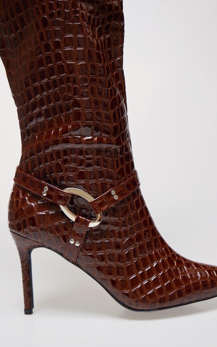 Chocolate Croc Pu Point Toe Ring Detail Knee High Heeled Boots Product Image