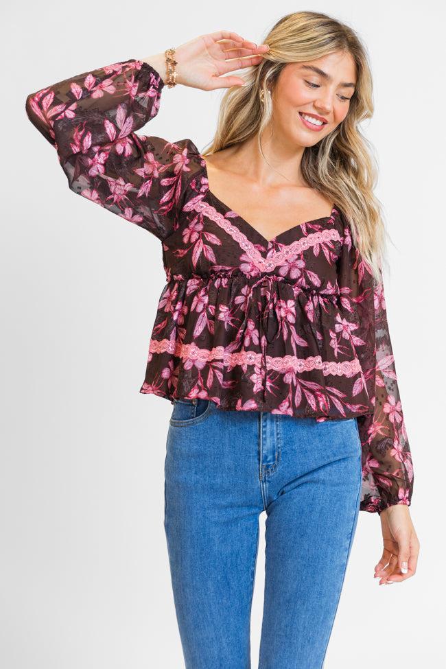 In My Dreams Brown and Pink Lace Trim Floral Blouse Product Image