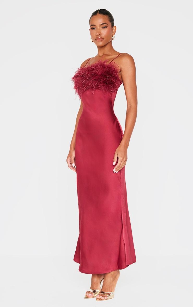 Burgundy Satin Feather Bust Detail Maxi Dress Product Image