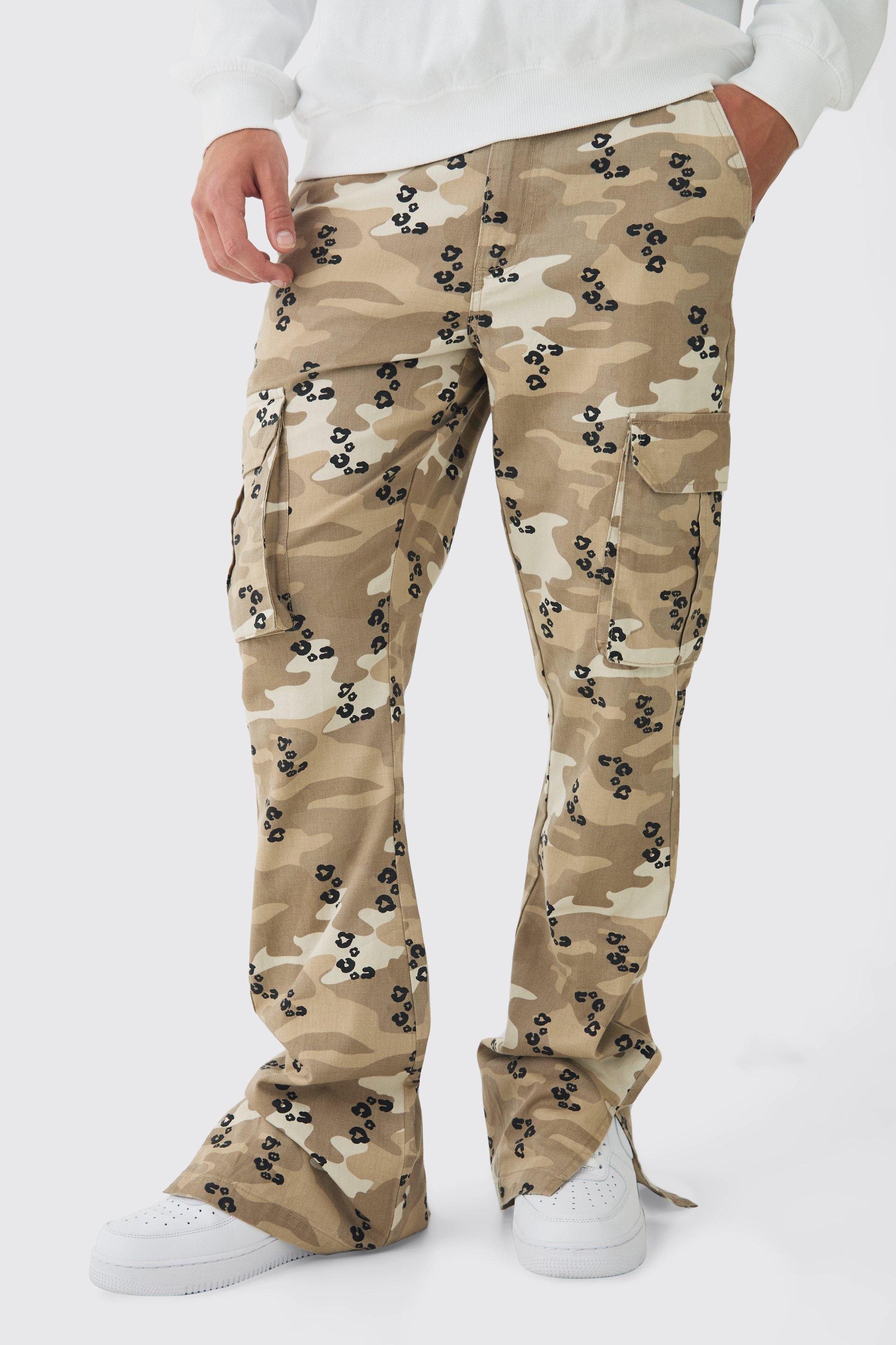 Fixed Waist Slim Flare Stacked Camo Leopard Cargo Pants | boohooMAN USA Product Image