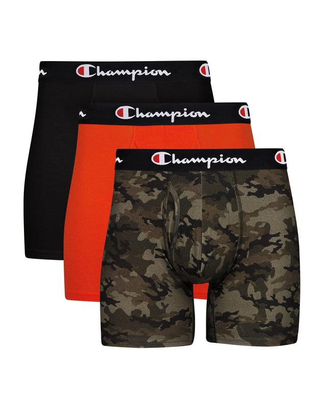 Champion Everyday Mens Boxer Briefs Pack, Moisture-Wicking, Anti-Odor, Stretch Cotton, 3-Pack, Camo Allover Print Print/Black/Orange/Black/Black S Product Image