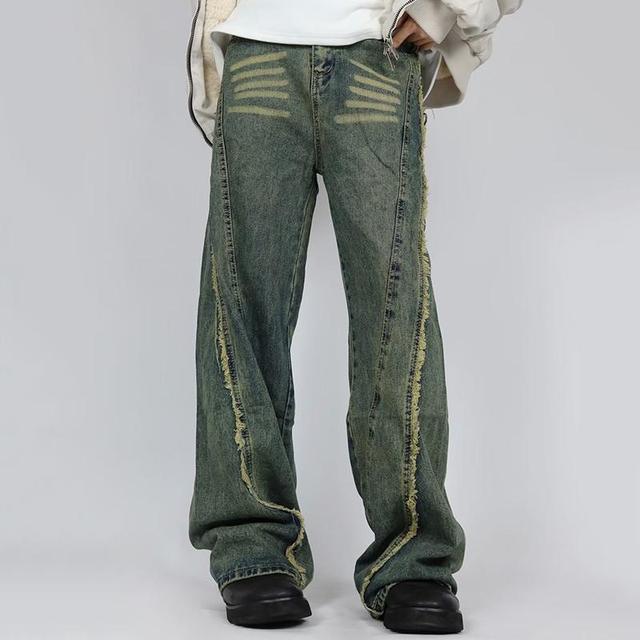 Sopula American Retro Deconstructed Raw Edge Floor-Length Jeans Product Image