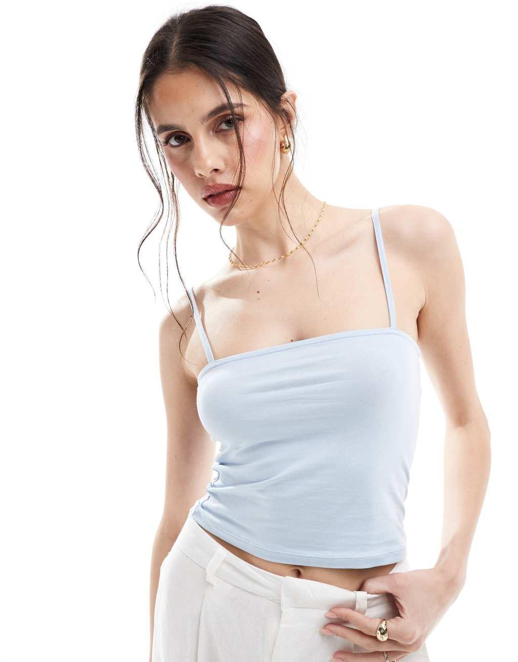 ONLY square neck cami crop top in light blue  Product Image