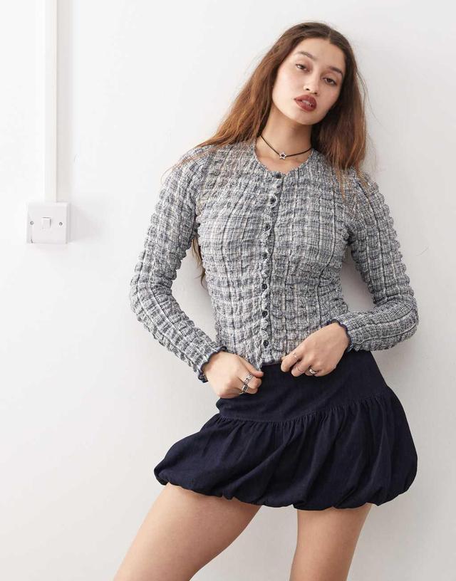 Motel yejina textured crew neck cardigan in navy Product Image