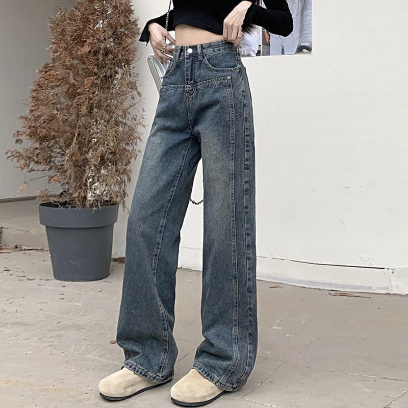 High Rise Washed Straight-Fit Wide-Leg Jeans Product Image