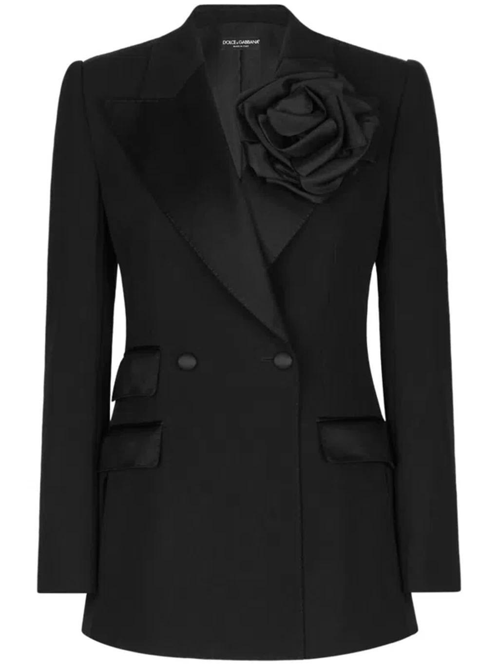 Double-breasted Woolen Jacket With Flower Appliqué In Black Product Image