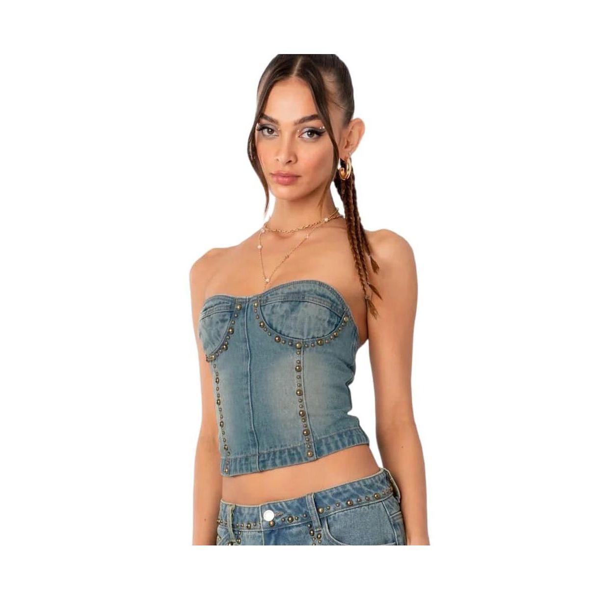 Womens Studded Washed Denim Lace Up Corset Top Product Image