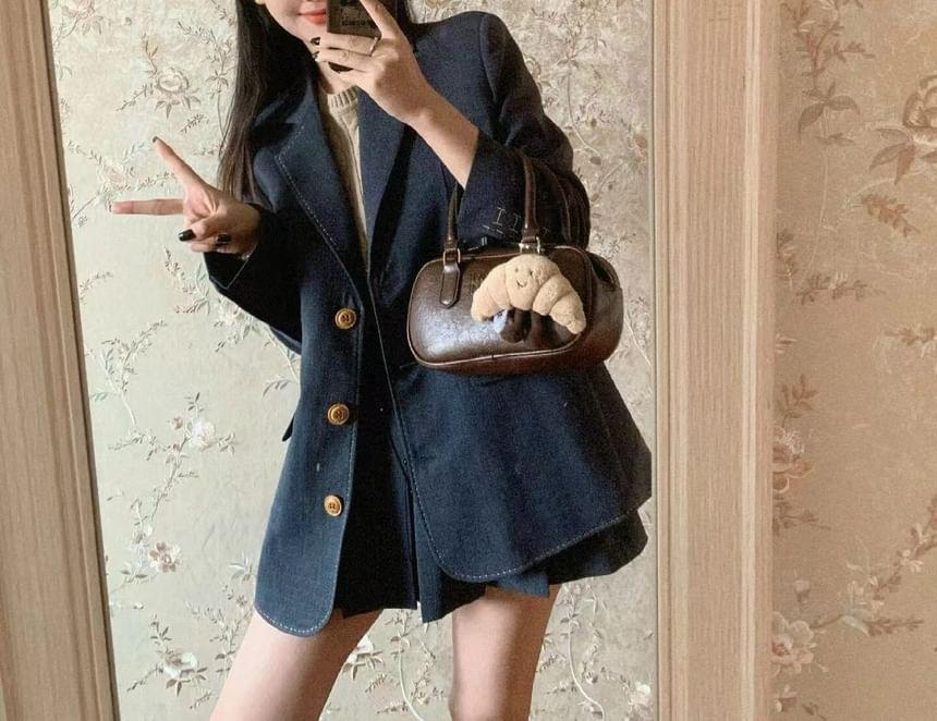 Set: Lapel Collar Plain Single Breasted Blazer + Mid Rise Mini Skirt Product Image