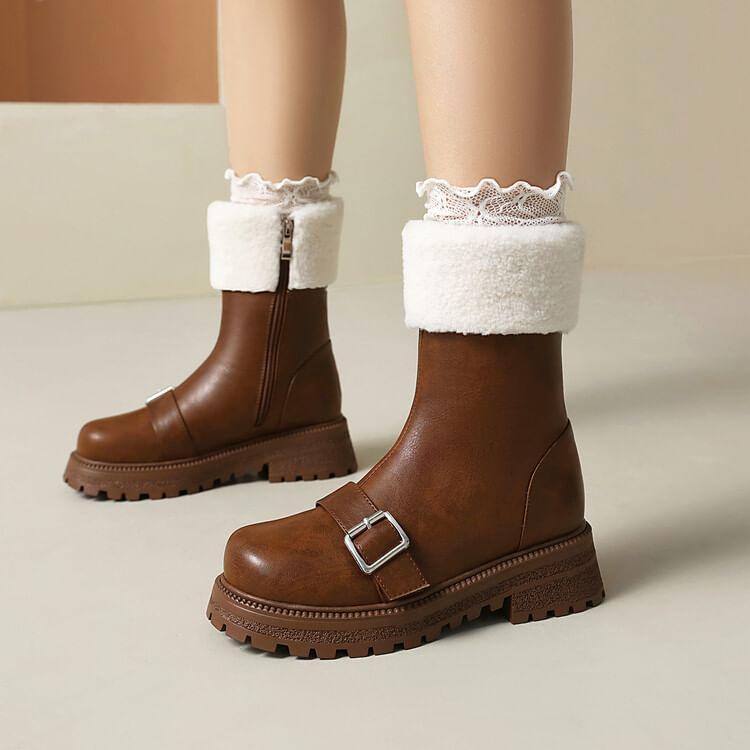 Buckled Fluffy Trim Platform Chunky Heel Short Boots Product Image