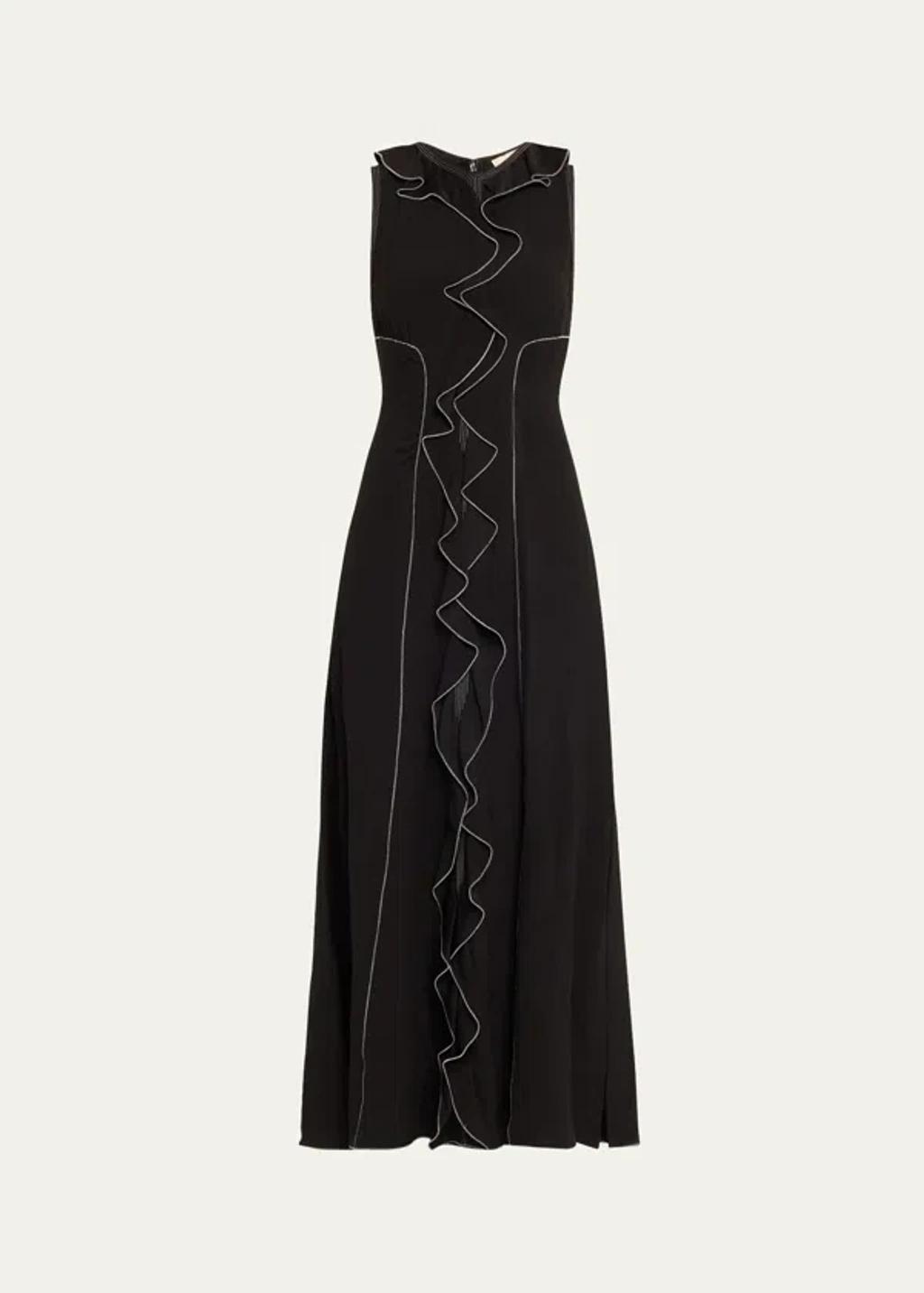 ULLA JOHNSON Lille Topstitched Long Sleeveless Ruffle Dress In Noir Product Image