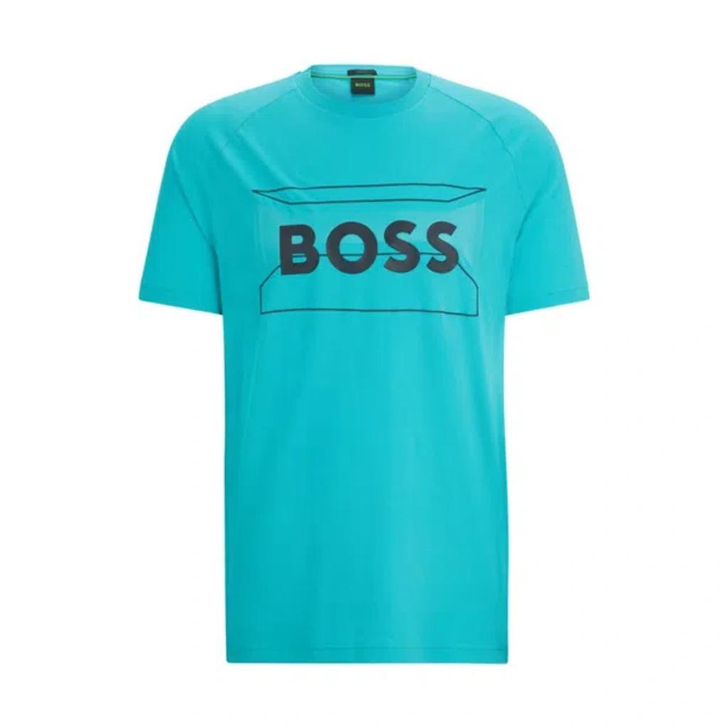 HUGO BOSS Cotton-blend Regular-fit T-shirt With Logo Artwork In Blue Product Image