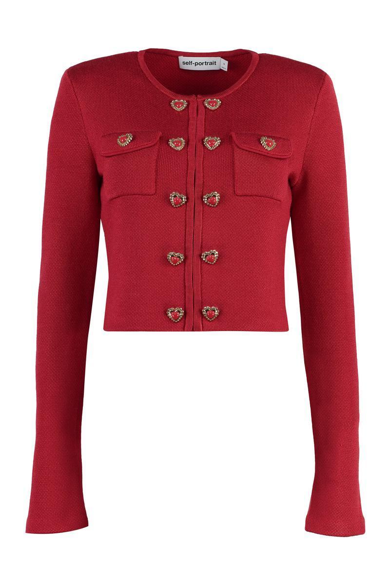 Knitted Heart-button Cardigan In Red Product Image