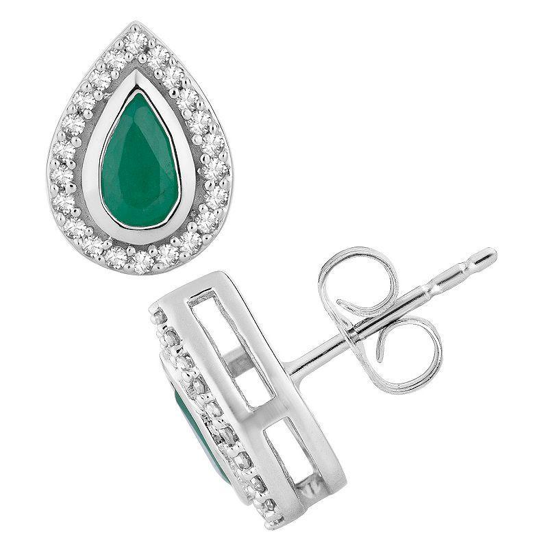 10k White Gold Emerald & 1/8 Carat T.W. Diamond Teardrop Halo Stud Earrings, Womens, Green Product Image