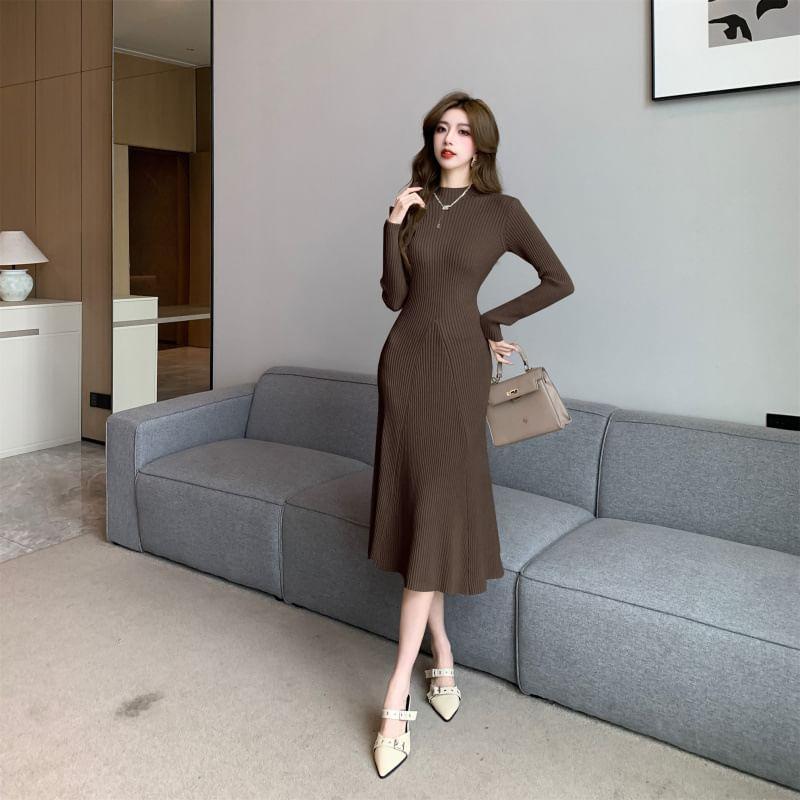 Long-Sleeve Mock Neck Knit Midi Mermaid Dress Product Image