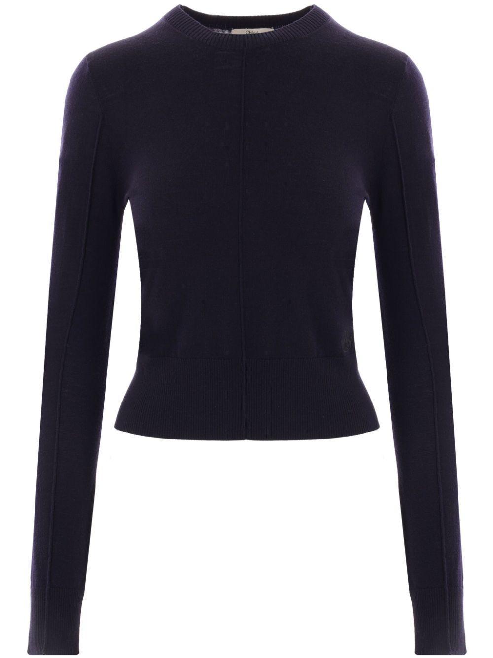 CHLOÉ Wool Crewneck Jumper With Ribbed Cuffs In Blue Product Image