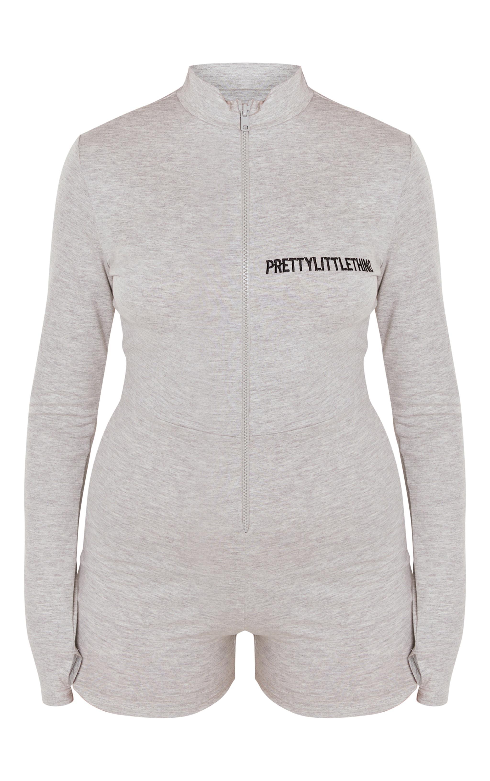 PRETTYLITTLETHING Petite Grey Marl Embroidered Zip Up Front Unitard Product Image