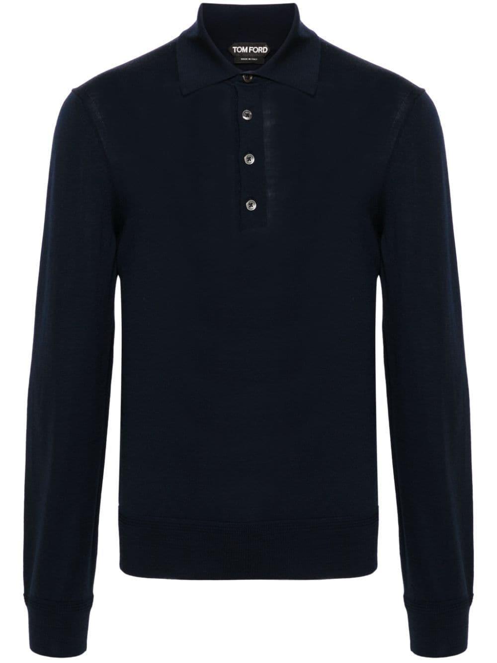 Long-sleeve Wool Polo Shirt In Blue Product Image