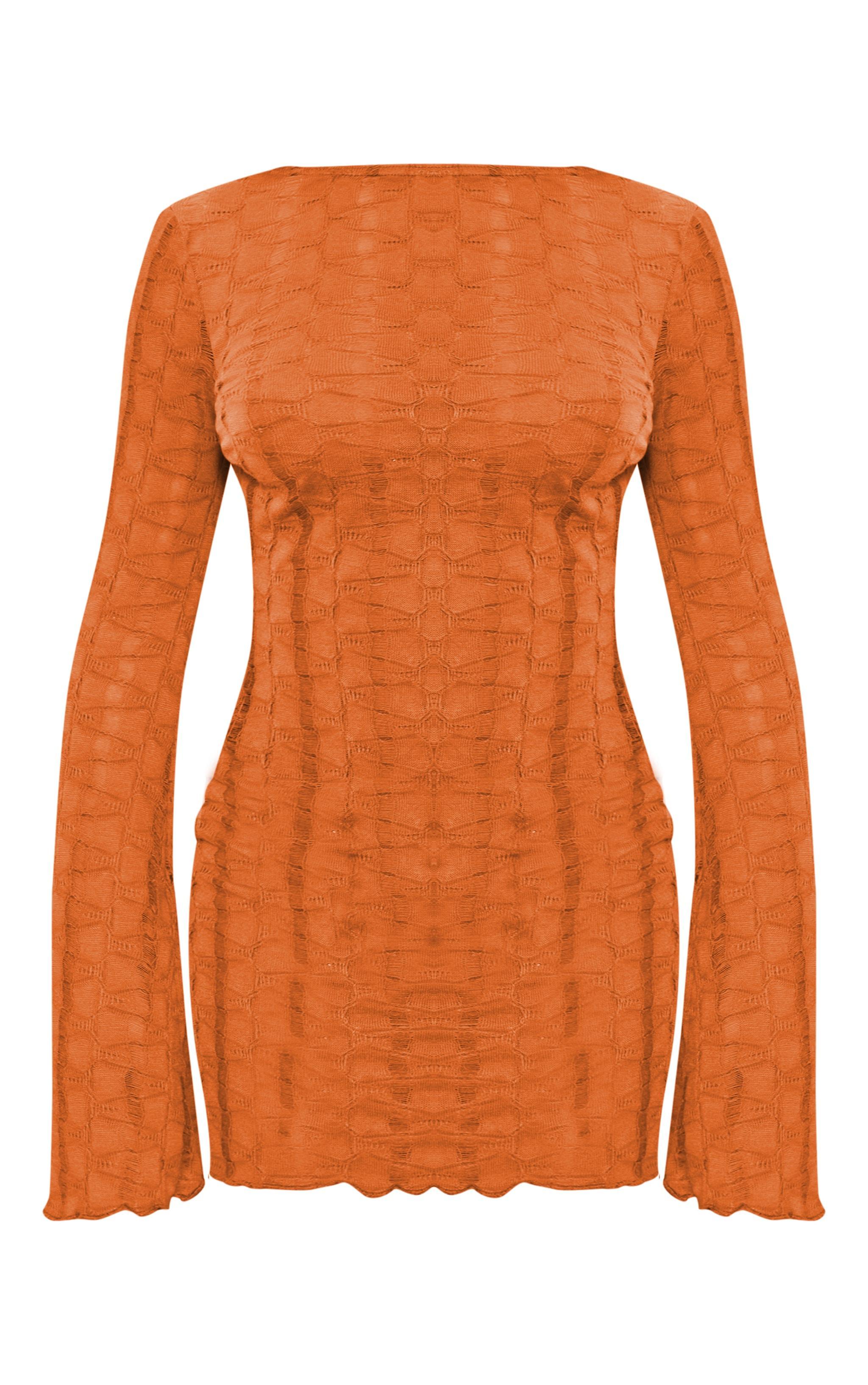 Rust Textured Laddered Flare Sleeve Scoop Back Shift Dress Product Image