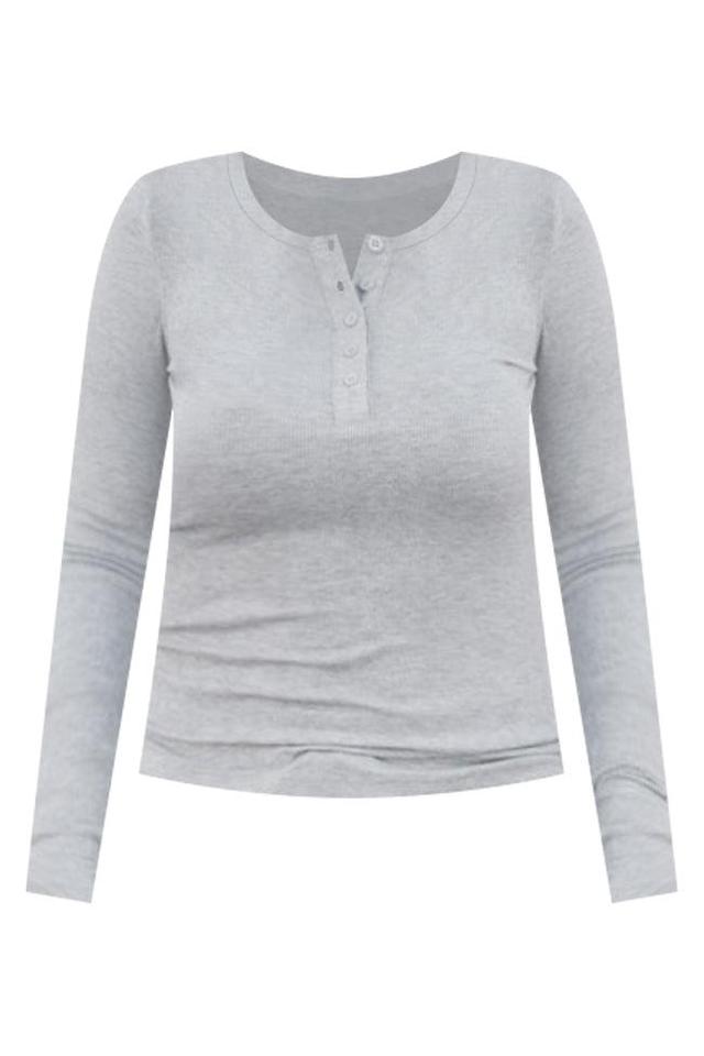 All The Better Grey Ribbed Knit Henley Long Sleeve Tee Product Image