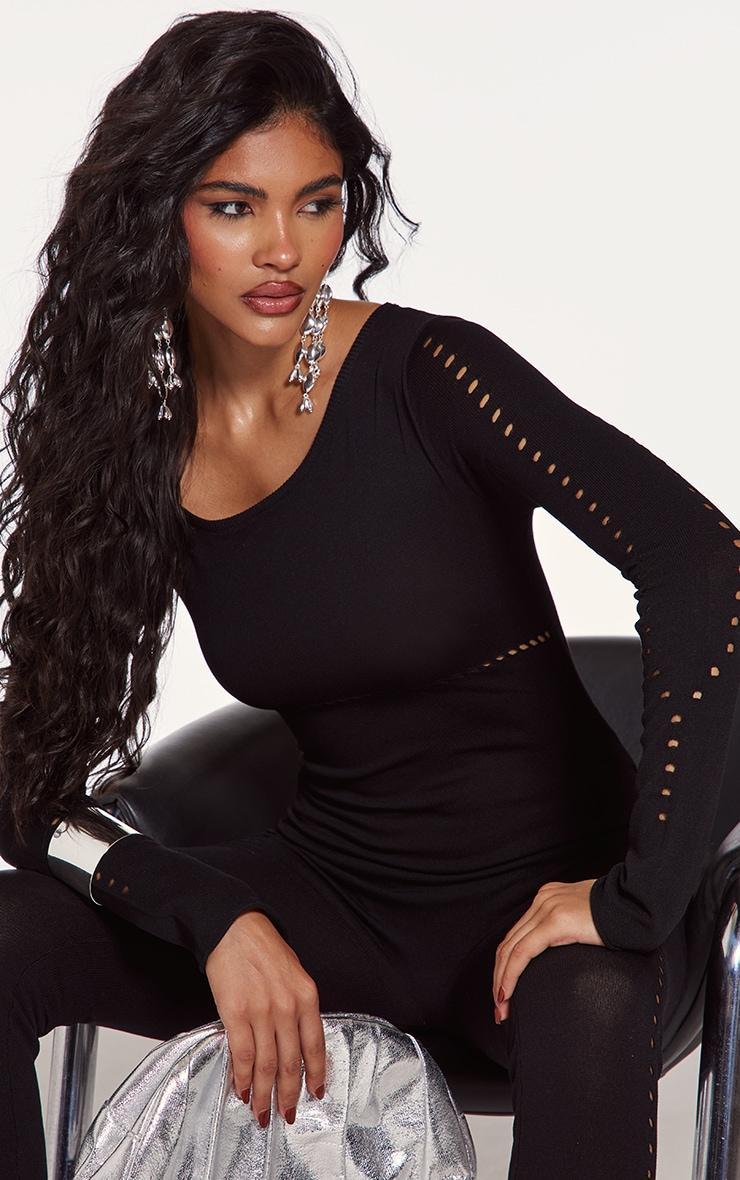 Black Sheer Knit Cut Out Detail Jumpsuit Product Image