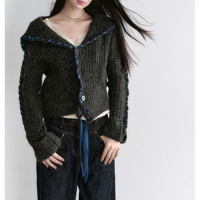 Sailor Collar Ribbon Stitch Ribbed Button Cardigan Product Image