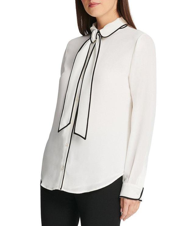 DKNY Contrast Piping Peter Pan Removable Tie Neck Button Front Blouse Product Image