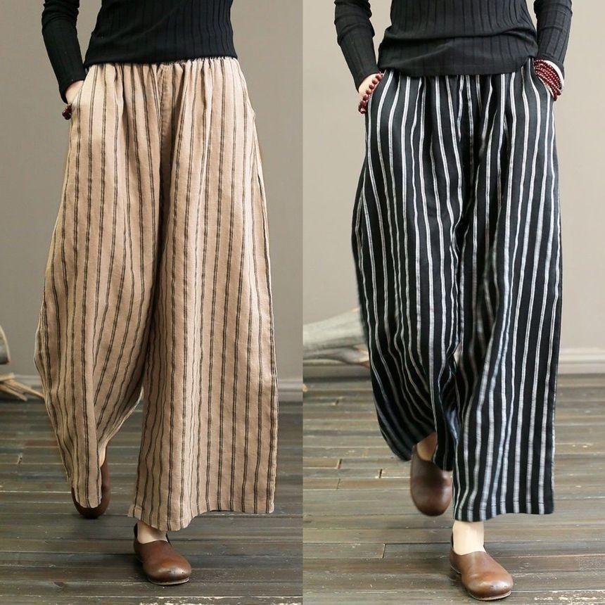 Mid Waist Striped Cropped Wide Leg Pants Product Image