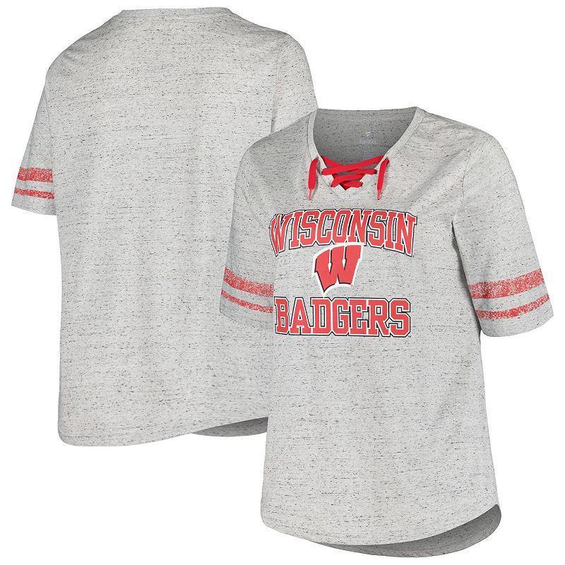 Womens Profile Heather Gray Wisconsin Badgers Plus Size Striped Lace-Up T-Shirt Product Image