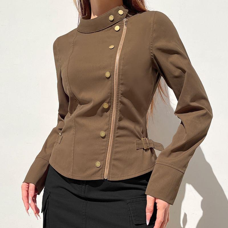 Long Sleeve Stand Collar Plain Zip-Up Cargo Jacket Product Image