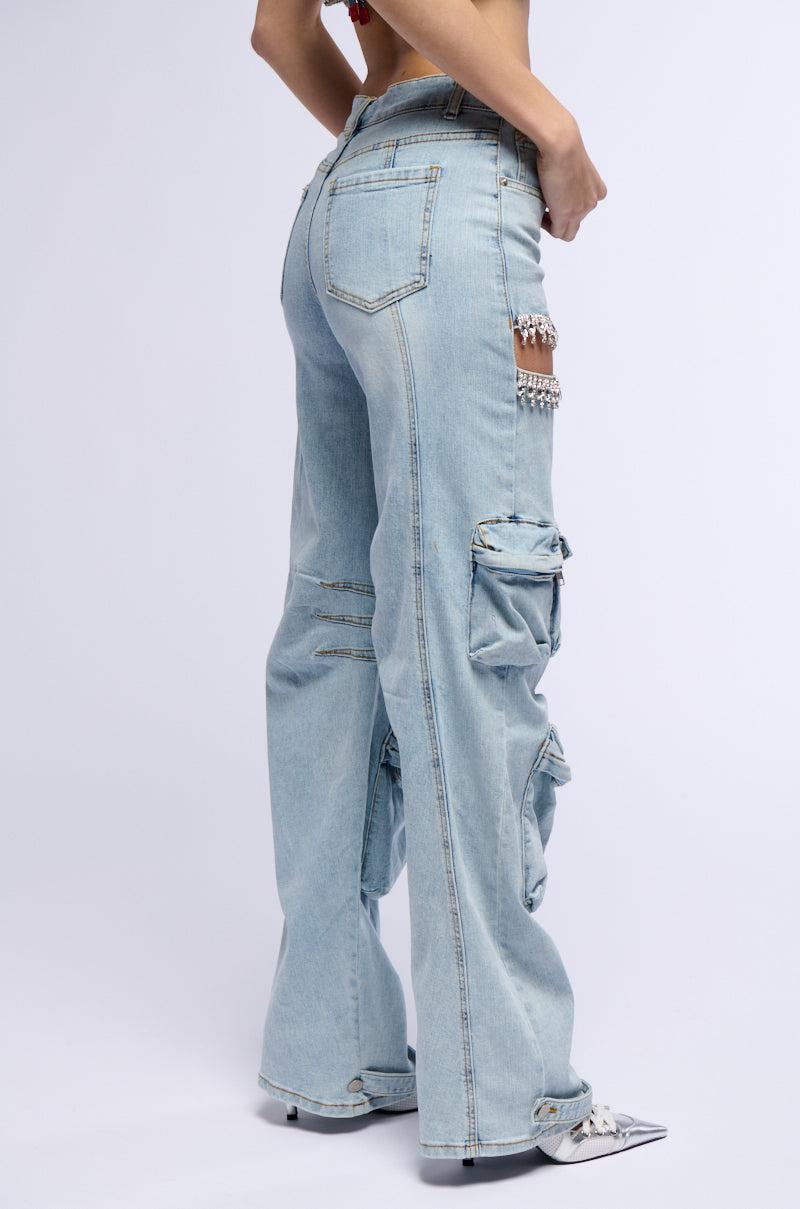 CALLING THE SHOTS CARGO DENIM WITH RHINESTONES Product Image