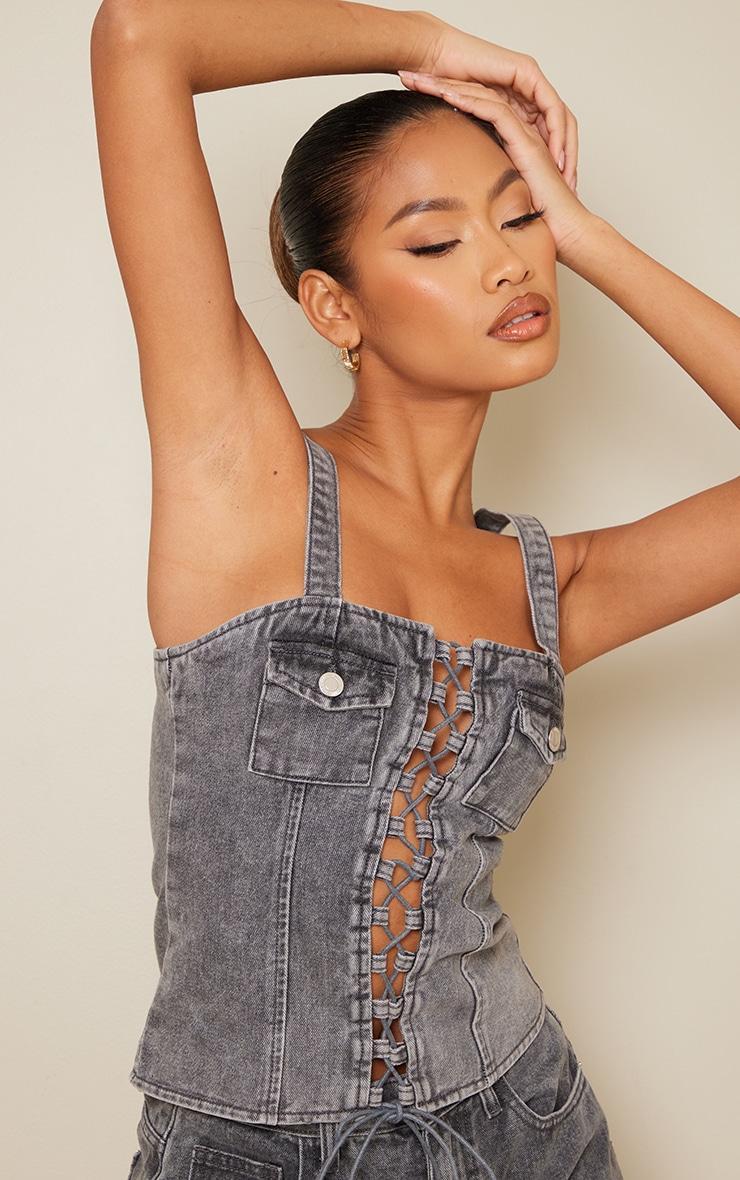 Grey Acid Wash Lace Up Denim Top Product Image