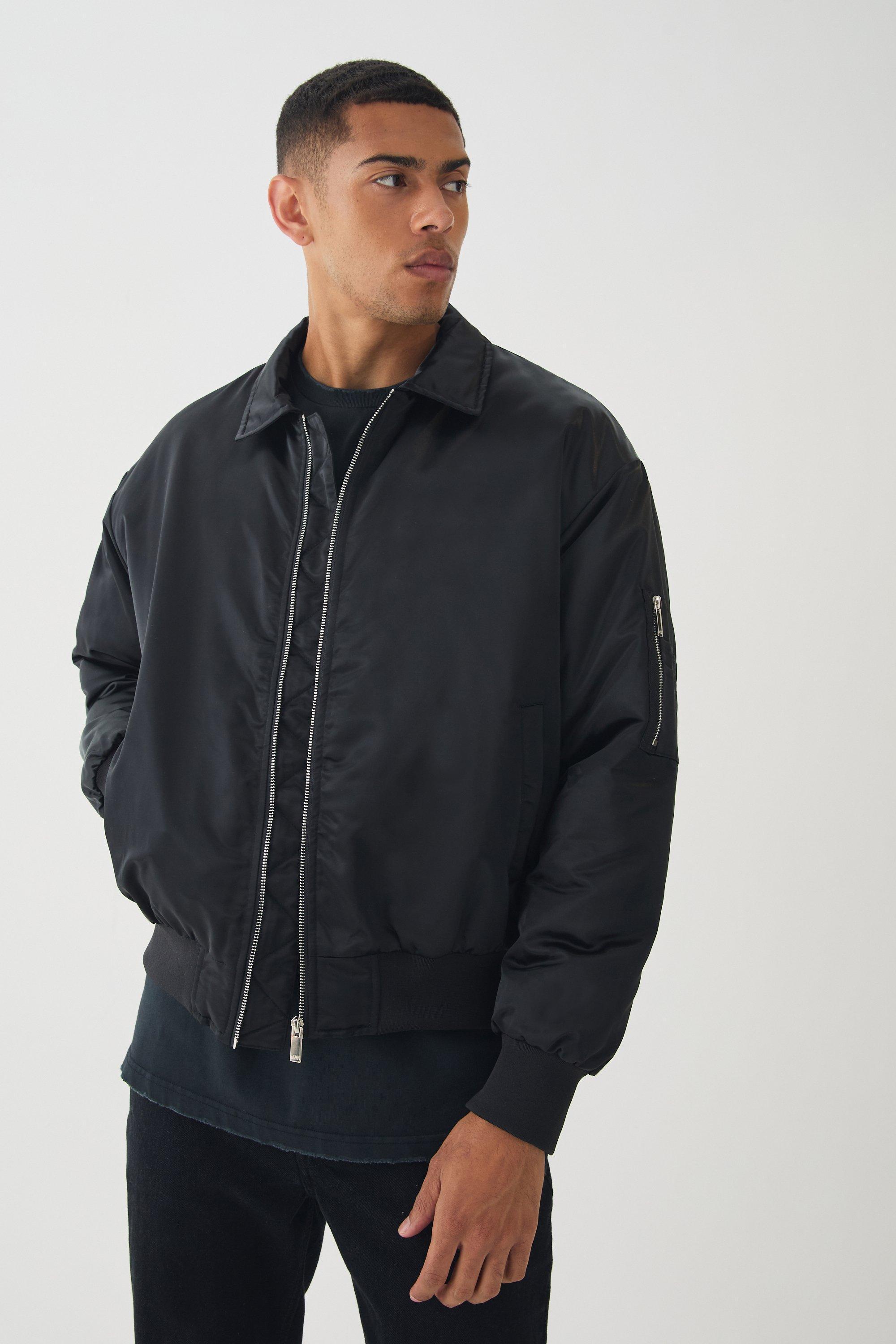 Satin Collared Bomber Jacket In Black | boohooMAN USA Product Image