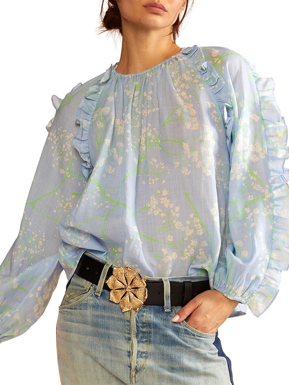 Womens Ramie Floral Ruffled Blouse Product Image