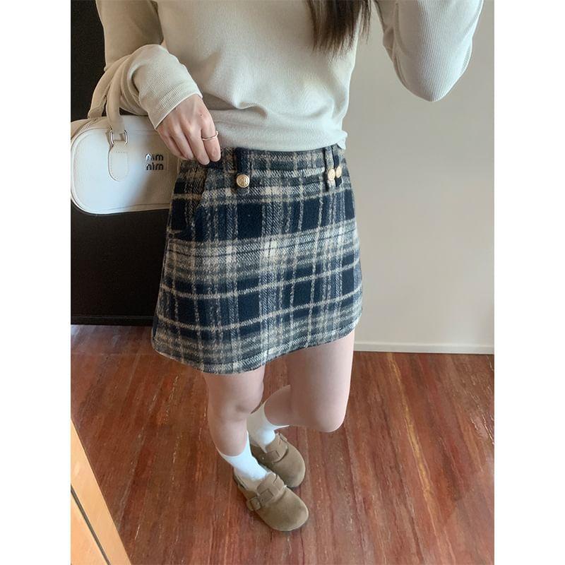 High Rise Plaid Mini A-Line Skirt Product Image