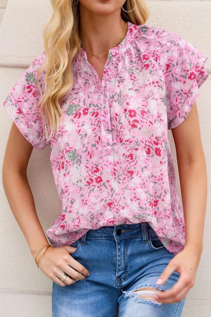 Olivia Mark – Floral Tie Neck Long Sleeve Crinkle Blouse Product Image