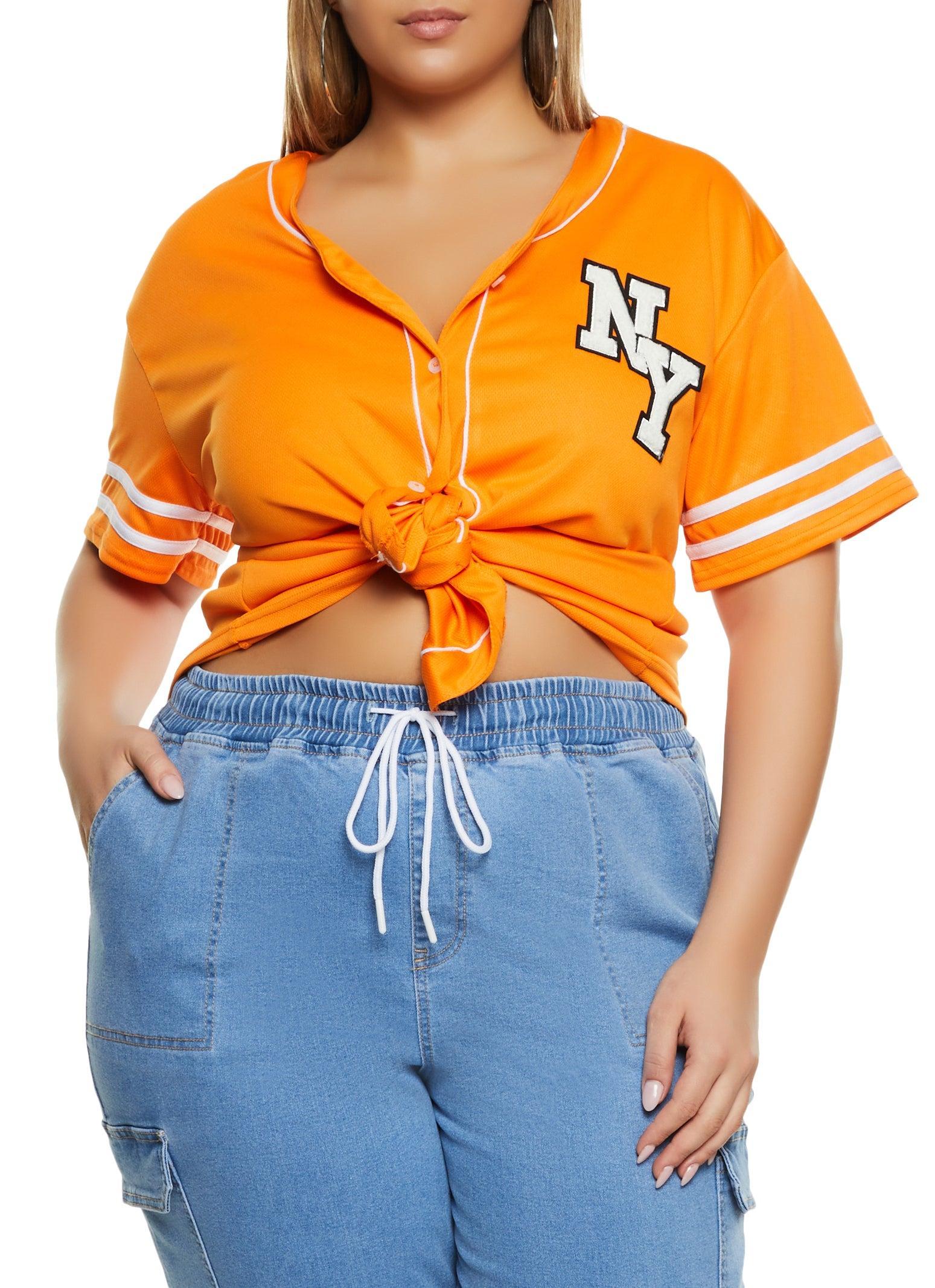 Womens Plus Size NY Chenille Patch Baseball Shirt Product Image