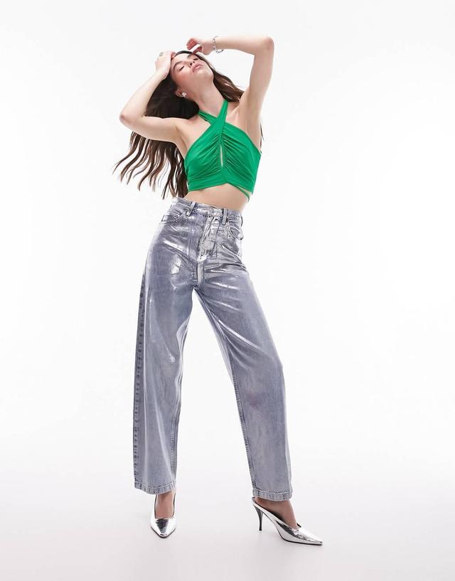 Topshop ruched cut out halter top in green Product Image