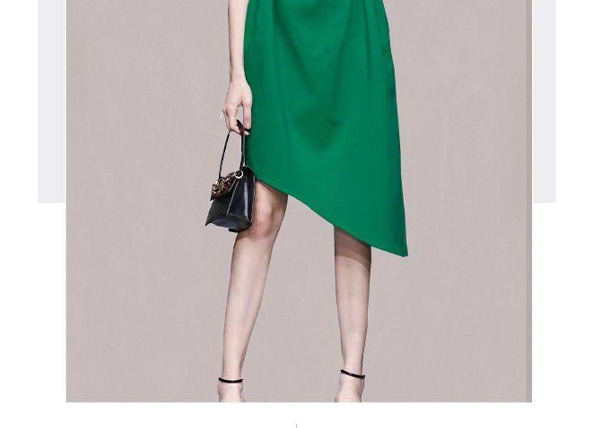 Short-Sleeve Crew Neck Plain Asymmetrical Sheath Dress Product Image