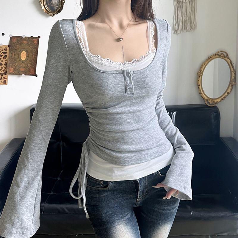 Long-Sleeve Square Neck Plain Drawstring Tee Product Image