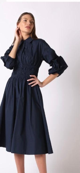 Ruched Puff Sleeve & Waist A Line Midi Dress - Gracia Product Image