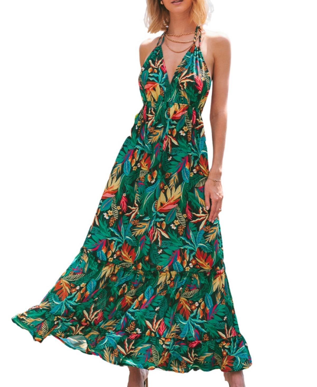 Cupshe Womens Tropical Leaf Print Halterneck Beach Dress Product Image