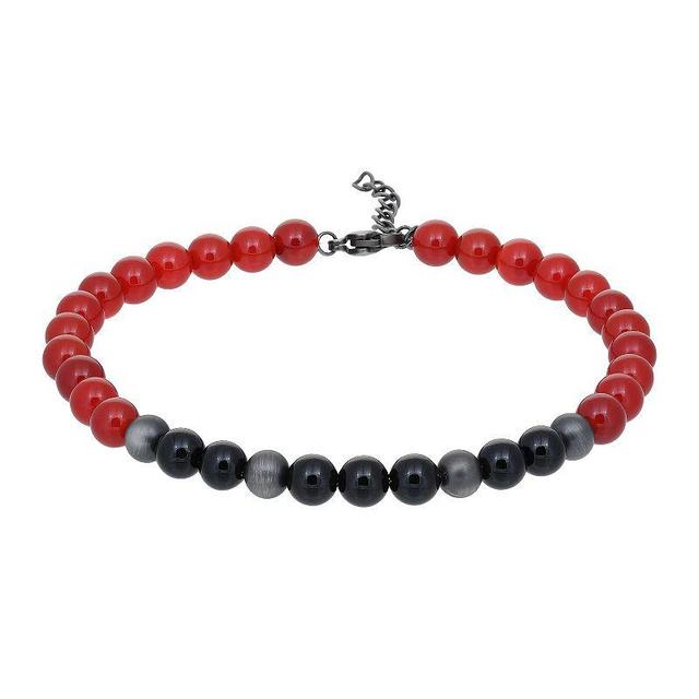 Mens LYNX Stainless Steel Red & Black Agate Bead Bracelet Product Image