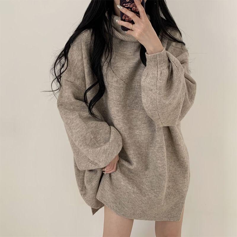 Turtleneck Plain Oversized Sweater Product Image