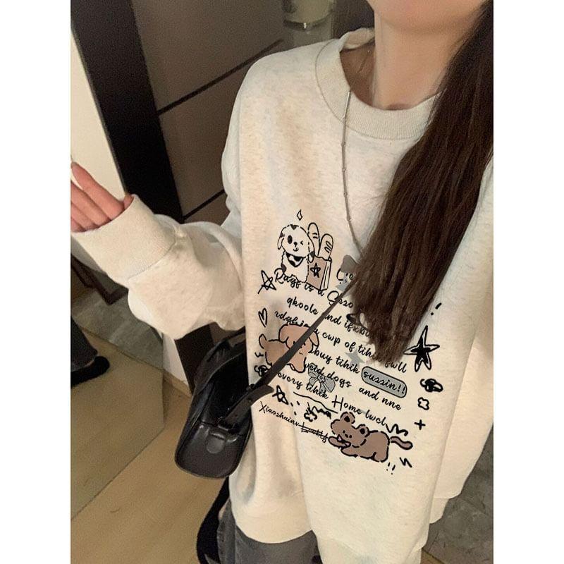 Crew Neck Drop Shoulder Cartoon Print Sweatshirt Product Image